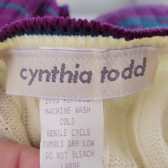 Cynthia Todd Womens Knit Cream Pine Green Purple Sweater Crew Neck Size L - Picture 9 of 10